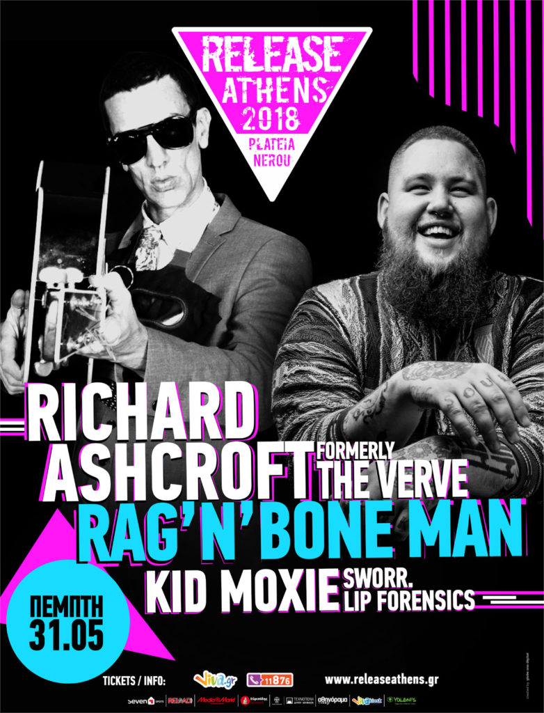 Poster για την ημέρα τωνRichard Ashcroft / Rag ‘N’ Bone Man / Kid Moxie, Sworr., Lip Forensics στο Release Athens Festival 2018