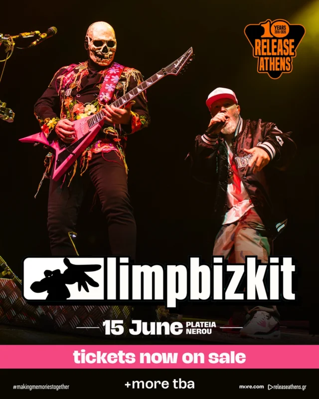 🚨 @limpbizkit - ΠΡΩΤΗ ΦΟΡΑ ΣΤΗΝ ΕΛΛΑΔΑ!

💥Η διάθεση των εισιτηρίων για την ιστορική εμφάνιση των nu-metal θρύλων, ξεκίνησε!

🎫Απόκτησε τώρα το εισιτήριό σου!

🆘ΠΡΟΣΟΧΗ!
Αποκλειστικός πάροχος εισιτηρίων του Release Athens Festival είναι η @more.com_greece & το δίκτυο συνεργατών της.

🙅‍♀️Μην προβείτε σε αγορά από οποιαδήποτε άλλη online υπηρεσία διάθεσης εισιτηρίων, κυρίως του εξωτερικού (όπως Viagogo/StubHub/Ticombo).

#releaseathens26 #limpbizkit #10yearsreleaseathens #makingmemoriestogether #naeisaiekei