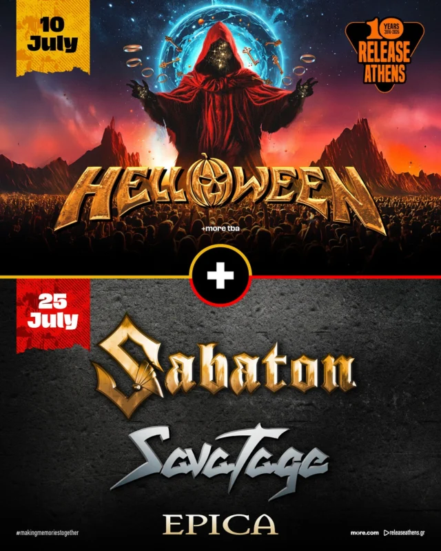 🤘💥Η κορυφαία metal προσφορά του καλοκαιριού!

⚡️Εκμεταλλεύσου το νέο συνδυαστικό εισιτήριο του Release Athens 2026 & έλα στην Πλ. Νερού για να δεις τις εμφανίσεις των Helloween, Sabaton, Savatage, Epica & more, σε προνομιακή τιμή!

#releaseathens26 #helloween #sabaton #savatage #epica #10yearsreleaseathens #10yearanniversary #makingmemoriestogether #naeisaiekei